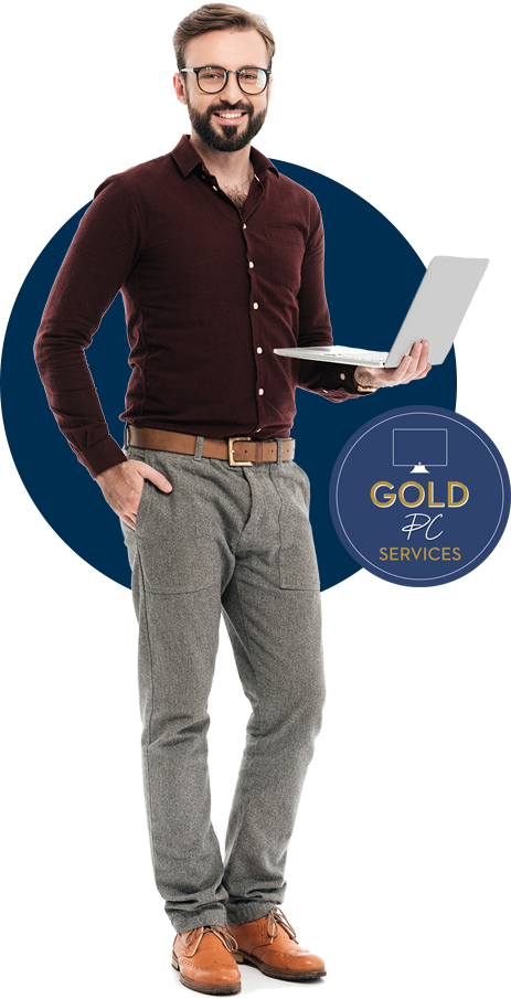 A man performing computer repair in Perth while holding a laptop in front of a gold logo.