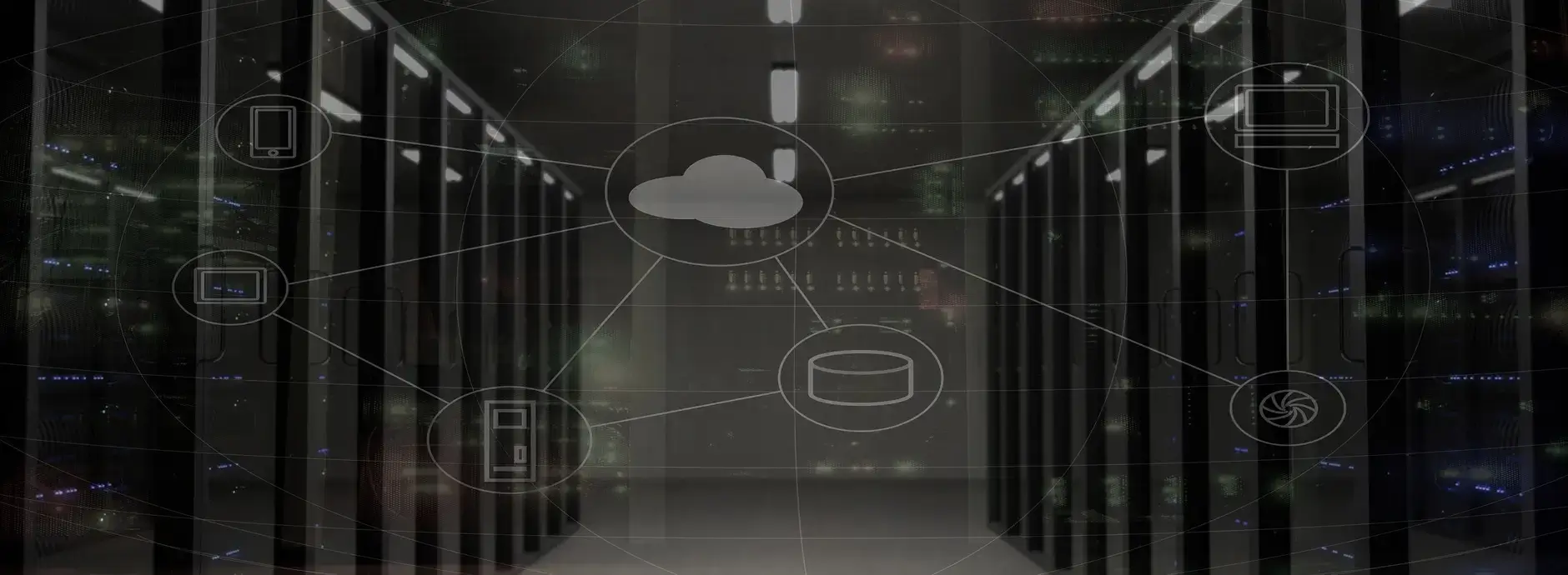 A dimly-lit server room with rows of server racks hints at the intricacies of computer repair. Icons of a cloud, a database, and devices are overlaid, interconnected by lines, indicating network connectivity reminiscent of Computer Repair Perth services.