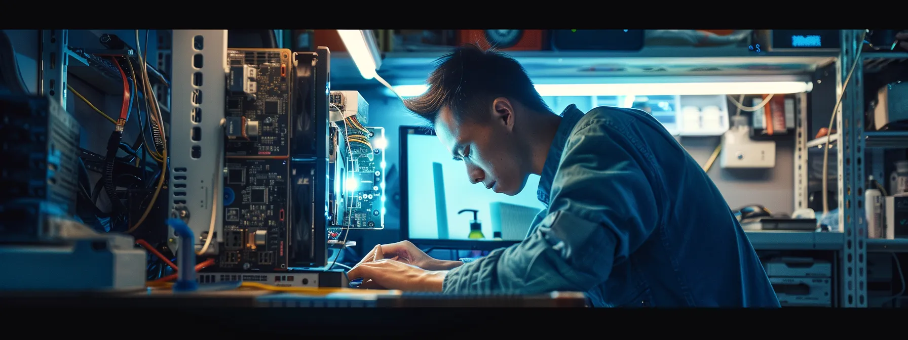 a skilled technician delicately examines the intricate components of a sleek gaming computer in a vibrant, high-tech repair shop in bustling perth.