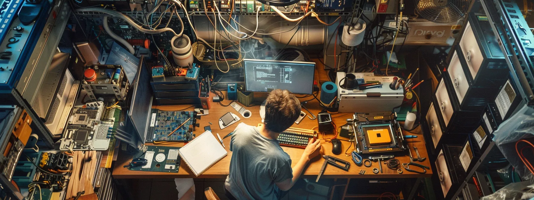 a skilled technician meticulously repairing a custom-built computer system, surrounded by tools and components, ensuring optimal performance and reliability.