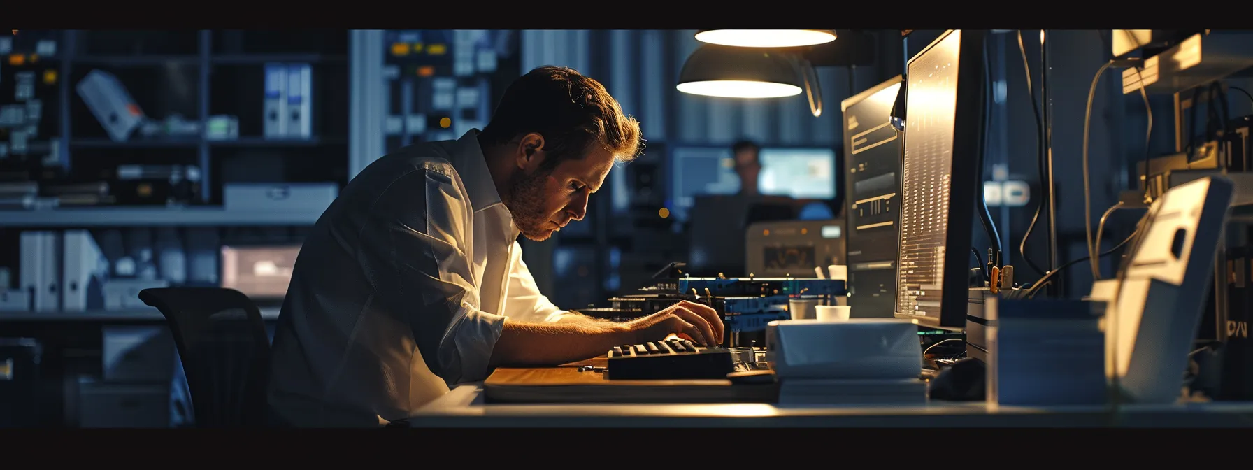 a technician carefully retrieving vital files from a computer hard drive using advanced recovery tools in a well-equipped data recovery lab.