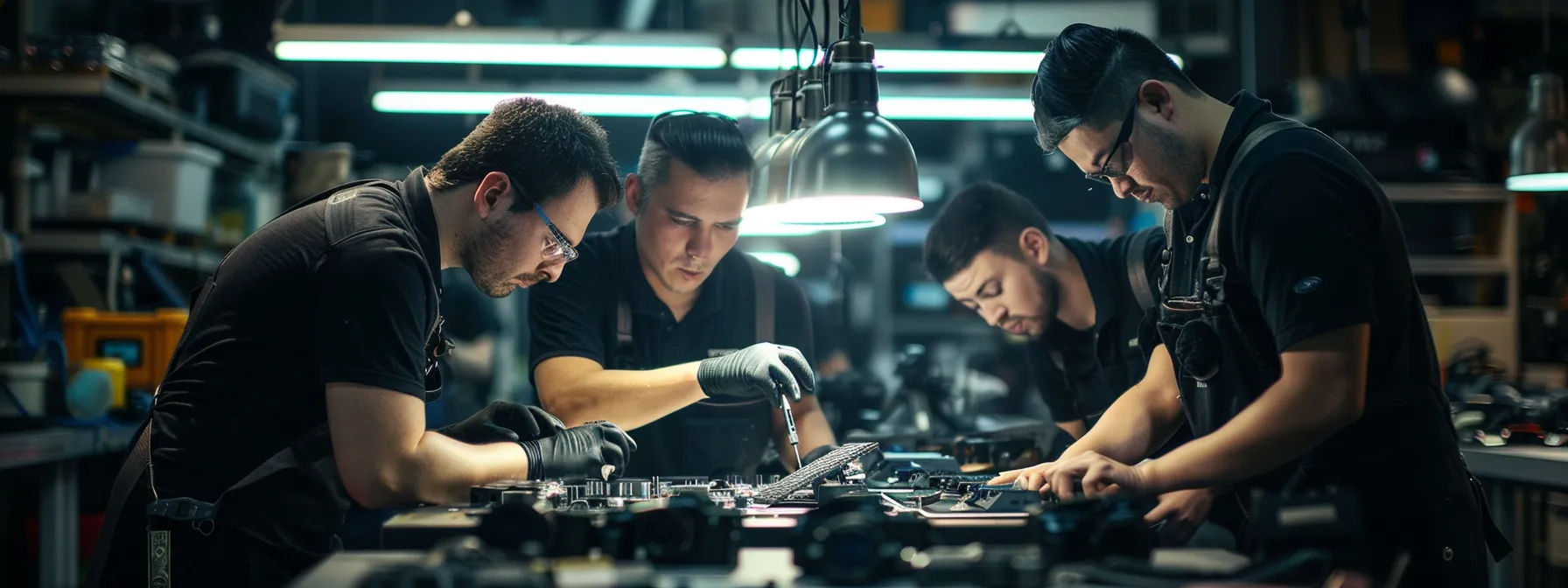 a team of skilled technicians meticulously repairing a laptop, focused on enhancing performance and functionality with precision in perth.