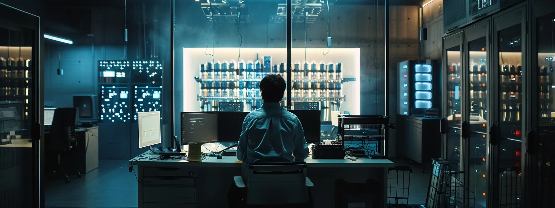 a technician expertly installing sophisticated water cooling systems in a modern office space, surrounded by sleek computers and devices.