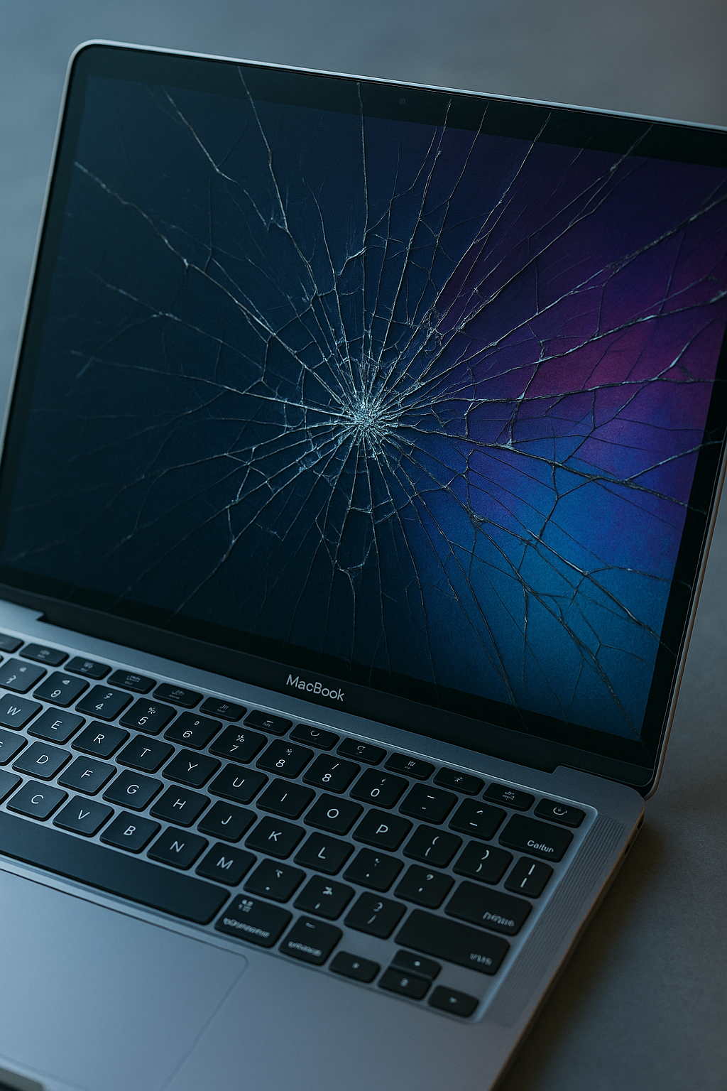A MacBook laptop with a severely cracked screen displaying colorful light; the damage radiates from the center outward, highlighting the urgent need for a MacBook screen fix.