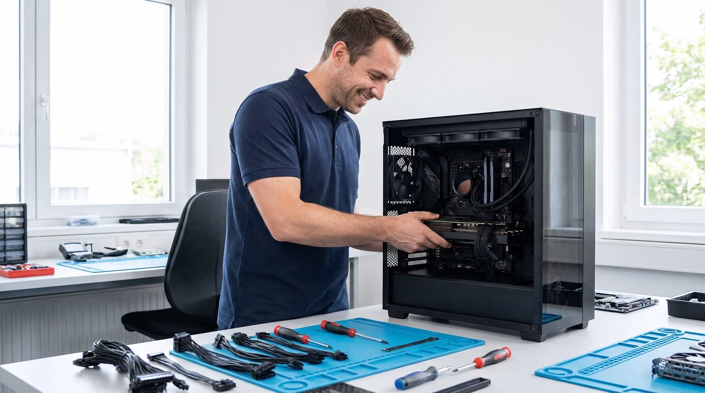 Gold PC technician installing a graphics card while building a custom gaming PC in Perth