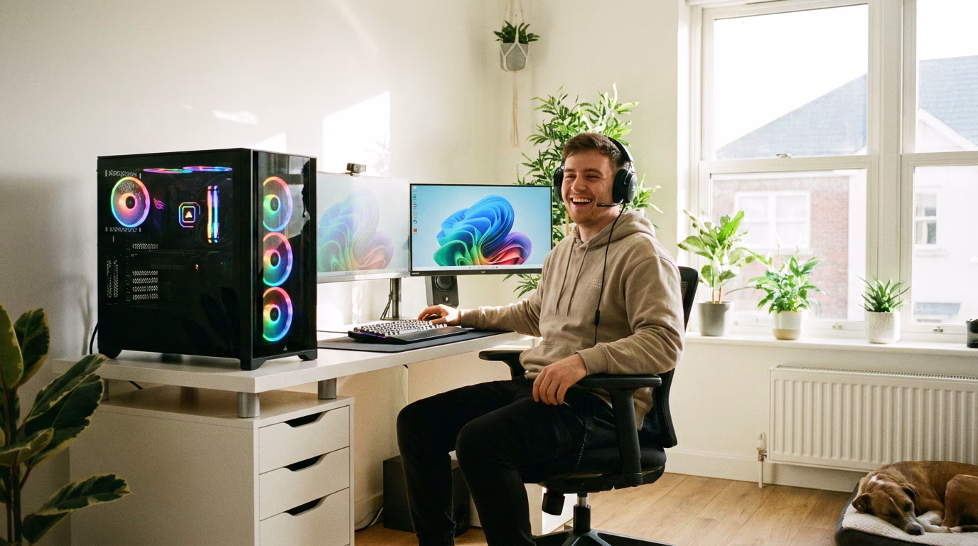 Happy Perth gamer with a custom RGB gaming PC and Windows 11 monitors built by Gold PC