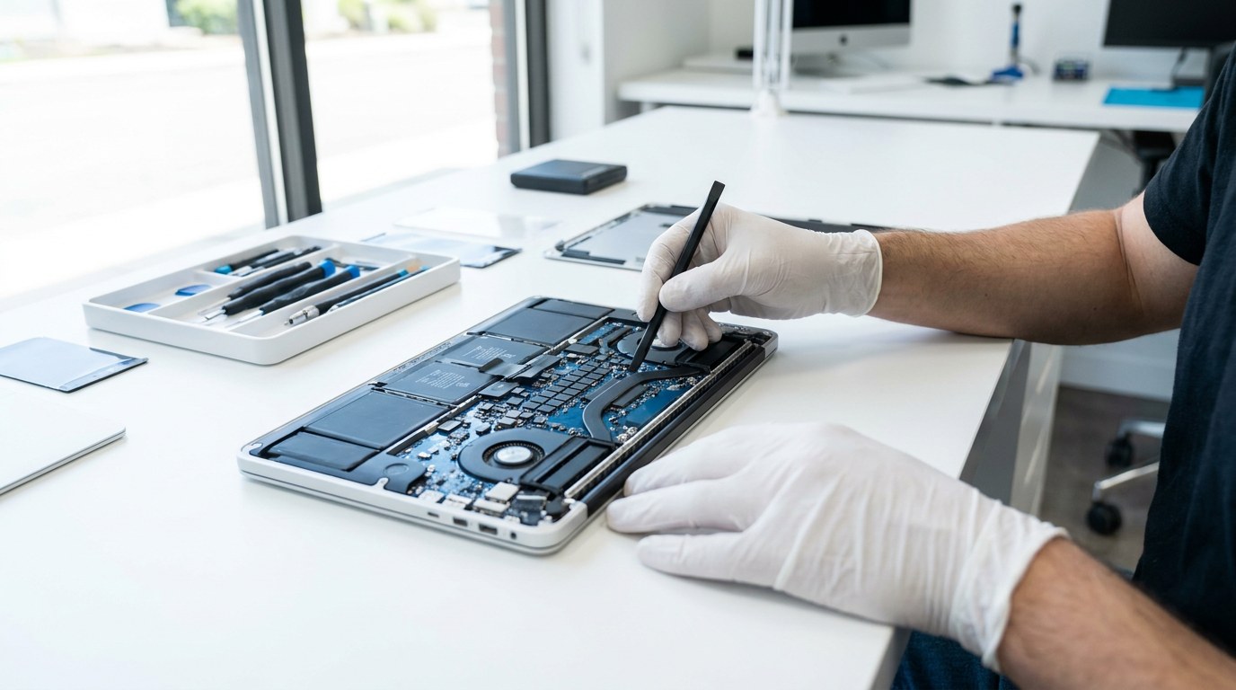 MacBook logic board repair on the bench at Gold PC, serving Maylands customers from Bayswater